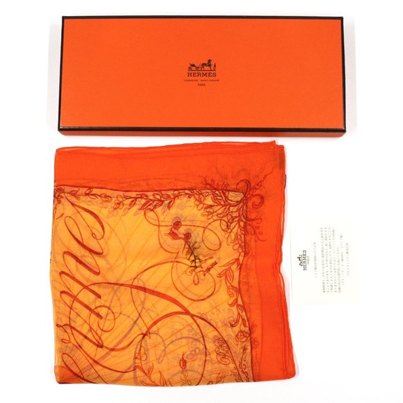 Hermes Effluves Orange Yellow Silk Scarf Scroll Horse Carriage Design Print NEW - Picture 2 of 10